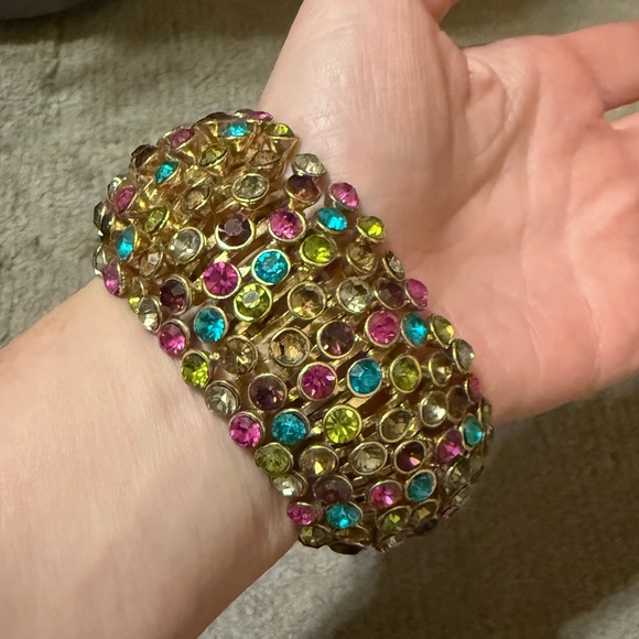 Gold Tone Multicolor Crystal Stretch Bracelet Statement Jewelry One Size - Picture 5 of 7